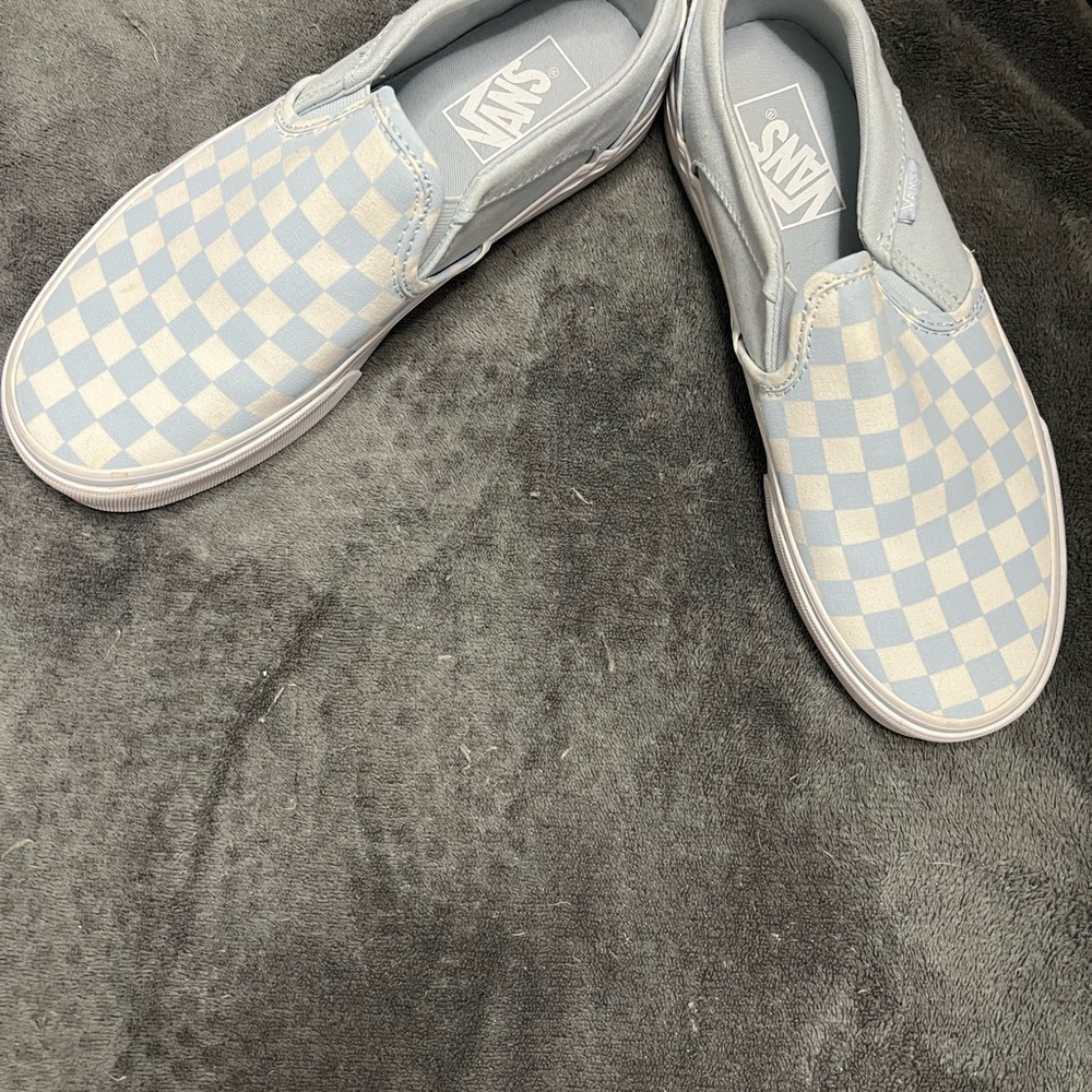 Vans Women’s Light Blue Checkered Slip-On Sneakers. shoes like new